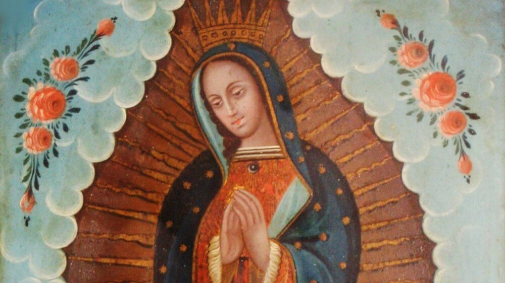 Our Lady of Guadalupe is perhaps the most culturally important and extensively reproduced Mexican-Catholic image. In the iconic depiction, Mary stands atop the tilma (peasant cloak) of Juan Diego, on which according to his story appeared the image of the Virgin of Guadalupe. Throughout Mexican history, the story and image of Our Lady of Guadalupe has been a unifying national symbol. Mexican retablo of “Our Lady of Guadalupe,” 19th century, in El Paso Museum of Art. Wikimedia.