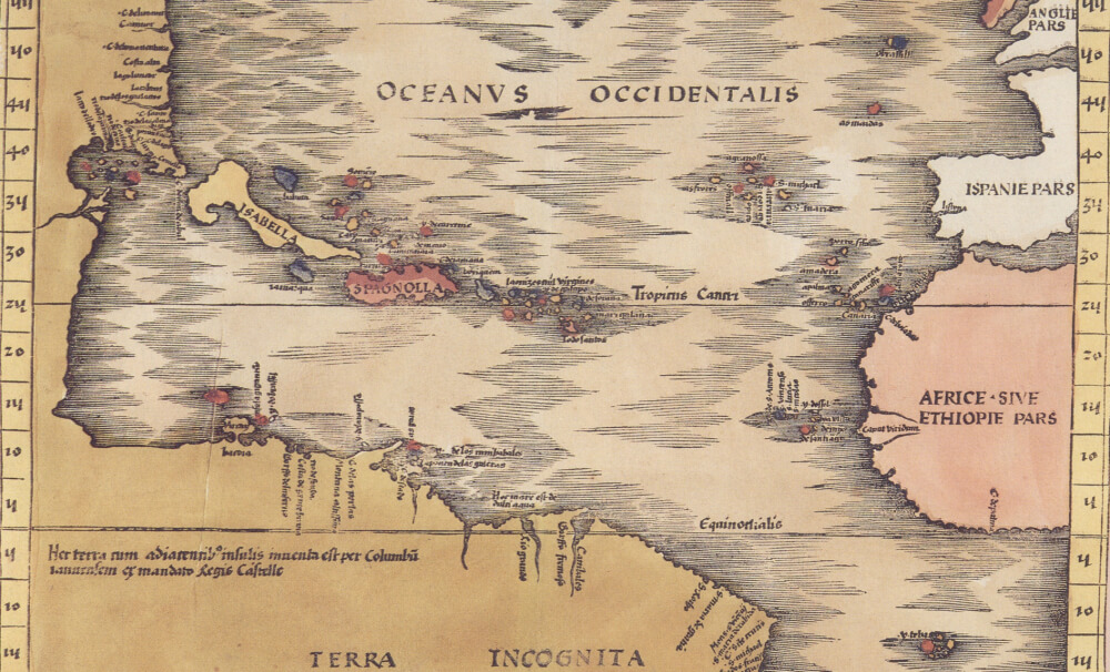 Map of the Atlantic Ocean depicting Iberia, Africa, a few Caribbean Islands, and a large landmass labeled "Terra Incognita"