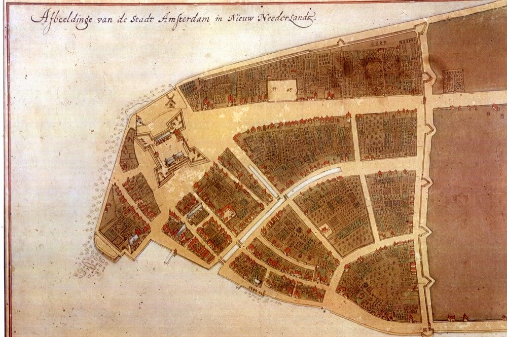 Illustration of the Dutch settlement in lower Manhattan tilted on its side. Toward the right you see the barricade that was Wall Street.