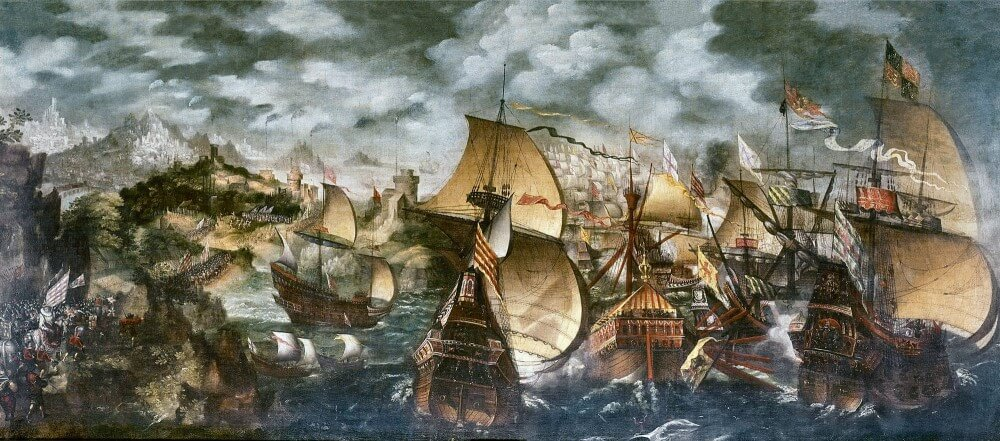 Dramatic painting of a battle at sea.