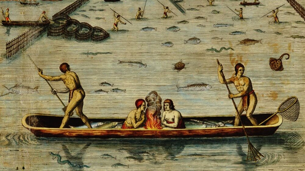 An illustration of Native Americans fishing in a canoe. &quot;Incolarum Virginiae piscandi ratio (The Method of Fishing of the Inhabitants of Virginia),&quot; c1590, via the Encyclopedia Virginia.