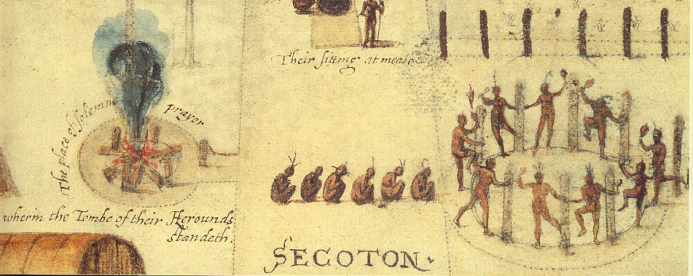 An early sketch by settler John White of Native American in Virginia. John White, "Village of the Secotan", 1585, via Wikimedia.