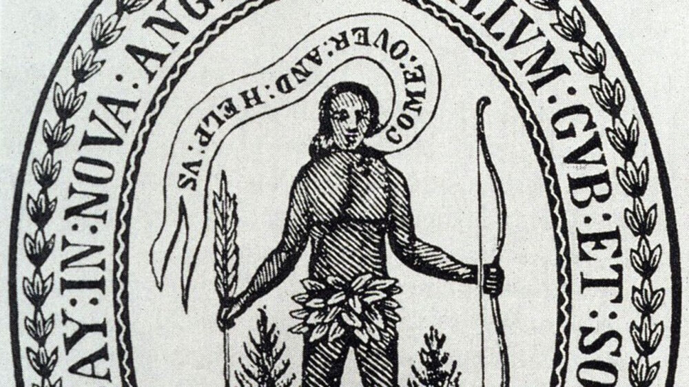 Seal of the Massachusetts Bay Colony, depicting a Native American saying "Come Over and Help Us"