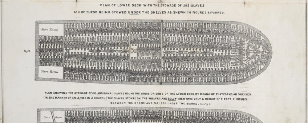 Drawing of the brutally dense packing of human bodies in a slave ship. Bodies are shown lying next to one another tightly packed.