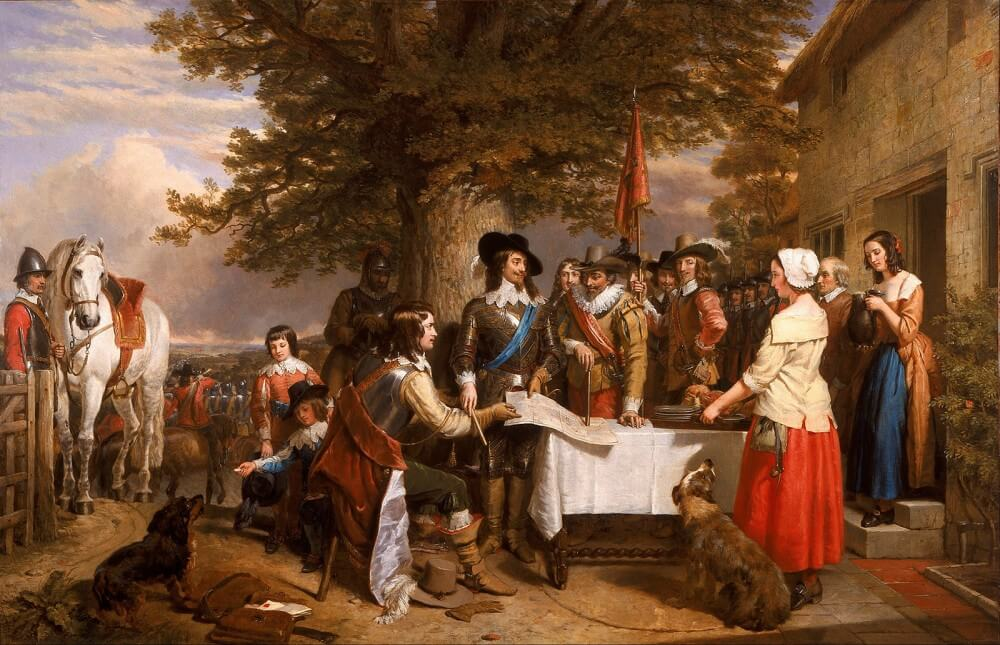 King Charles I, pictured with the blue sash of the Order of the Garter, listens to his commanders detail the strategy for what would be the first pitched battle of the First English Civil War.