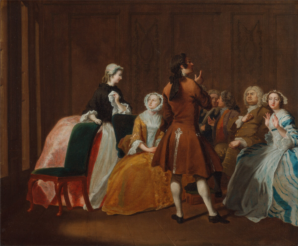 Painting of well-dressed men and women in a ballroom.