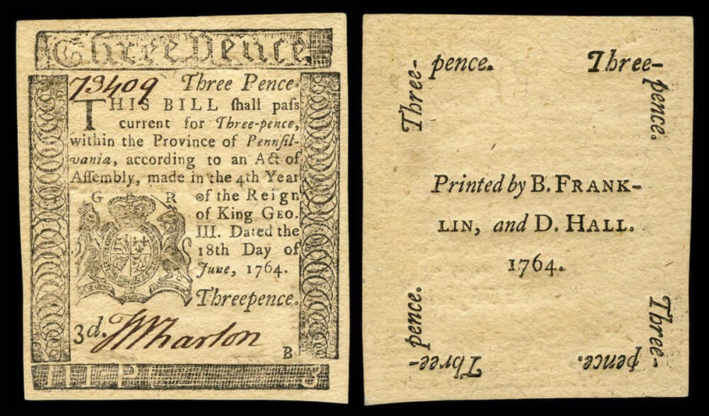 Photograph of a three pence bill printed by Benjamin Franklin and David Hall, Pennsylvania Currency, 1764.