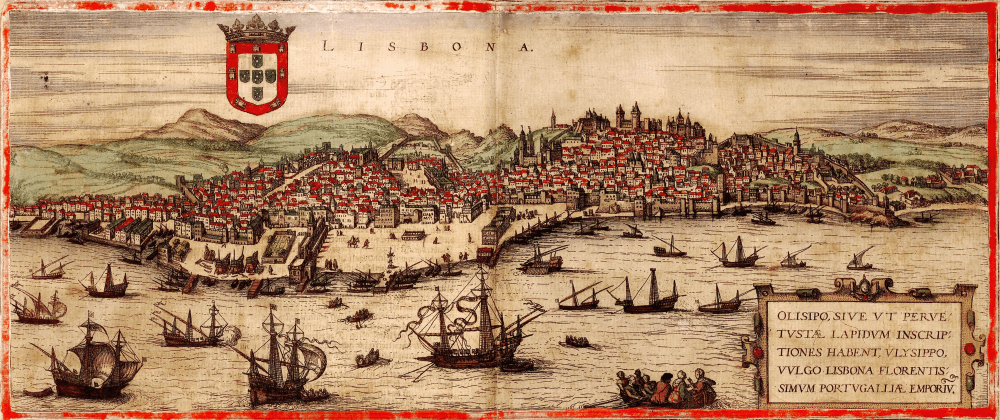 Engraving of sixteenth century Lisbon. Dozens of boats appear in front of a densely populated city.