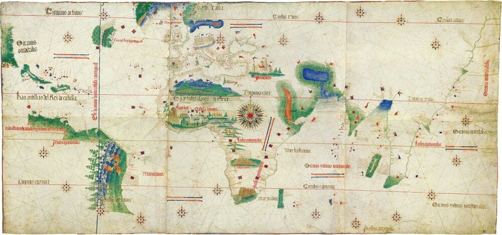 Map depicting southern Europe, Africa, India, and the eastern coast of South America.