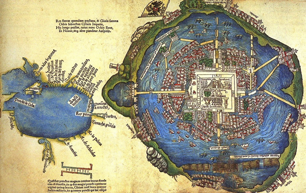 This sixteenth-century map of Tenochtitlan shows the aesthetic beauty and advanced infrastructure of the great Aztec City. The central settlement is shown in a lake with bridges connecting it to the mainland.