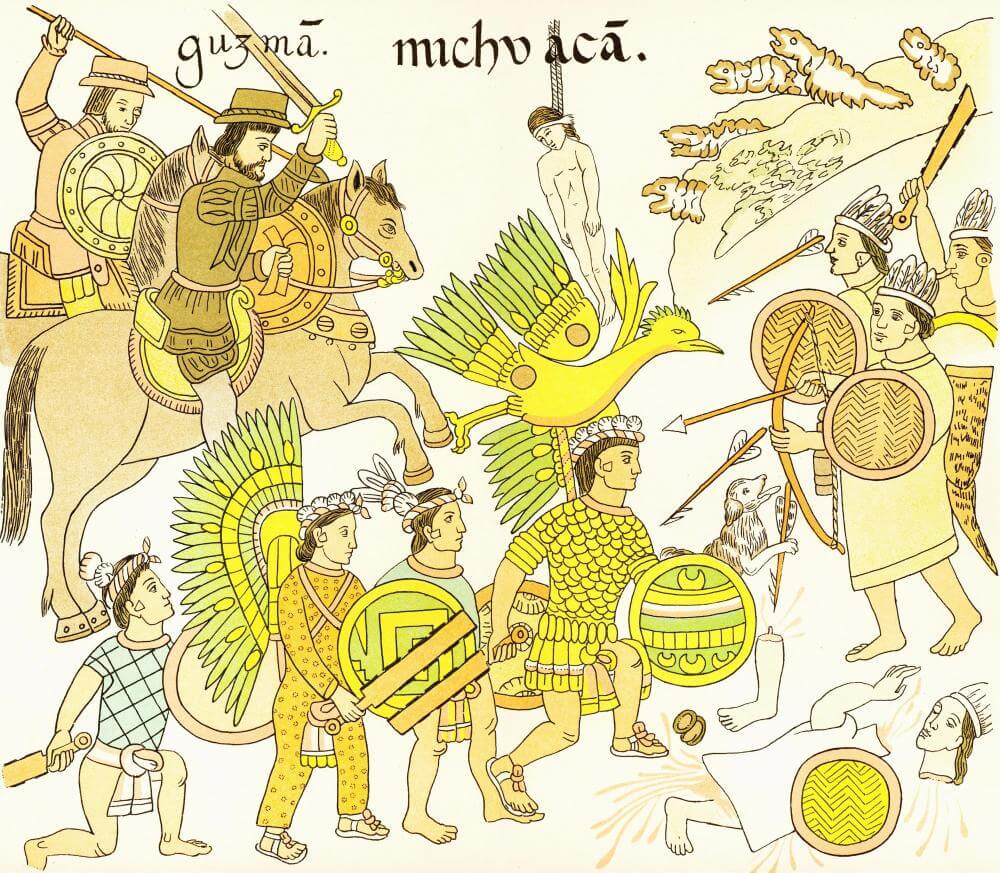 Drawing of warfare between Native Americans and Spanish invaders. A bird flies overhead and a naked man hangs from a noose.